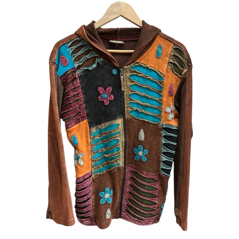Kyber Outerwear Patchwork Distressed Zip Up Hoodie Hippie Boho Sz XL Cotton